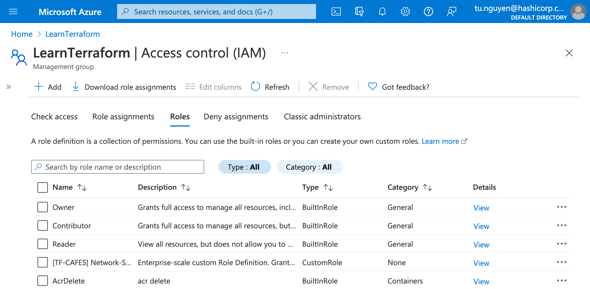 CustomRole named TF-CAFES automatically created with the caf-enterprise-scale module.