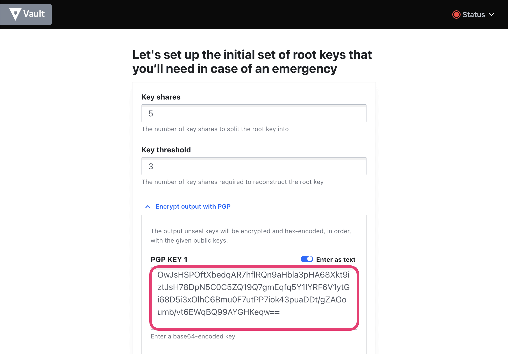 Screen shot showing pasted base64 public key in Vault UI